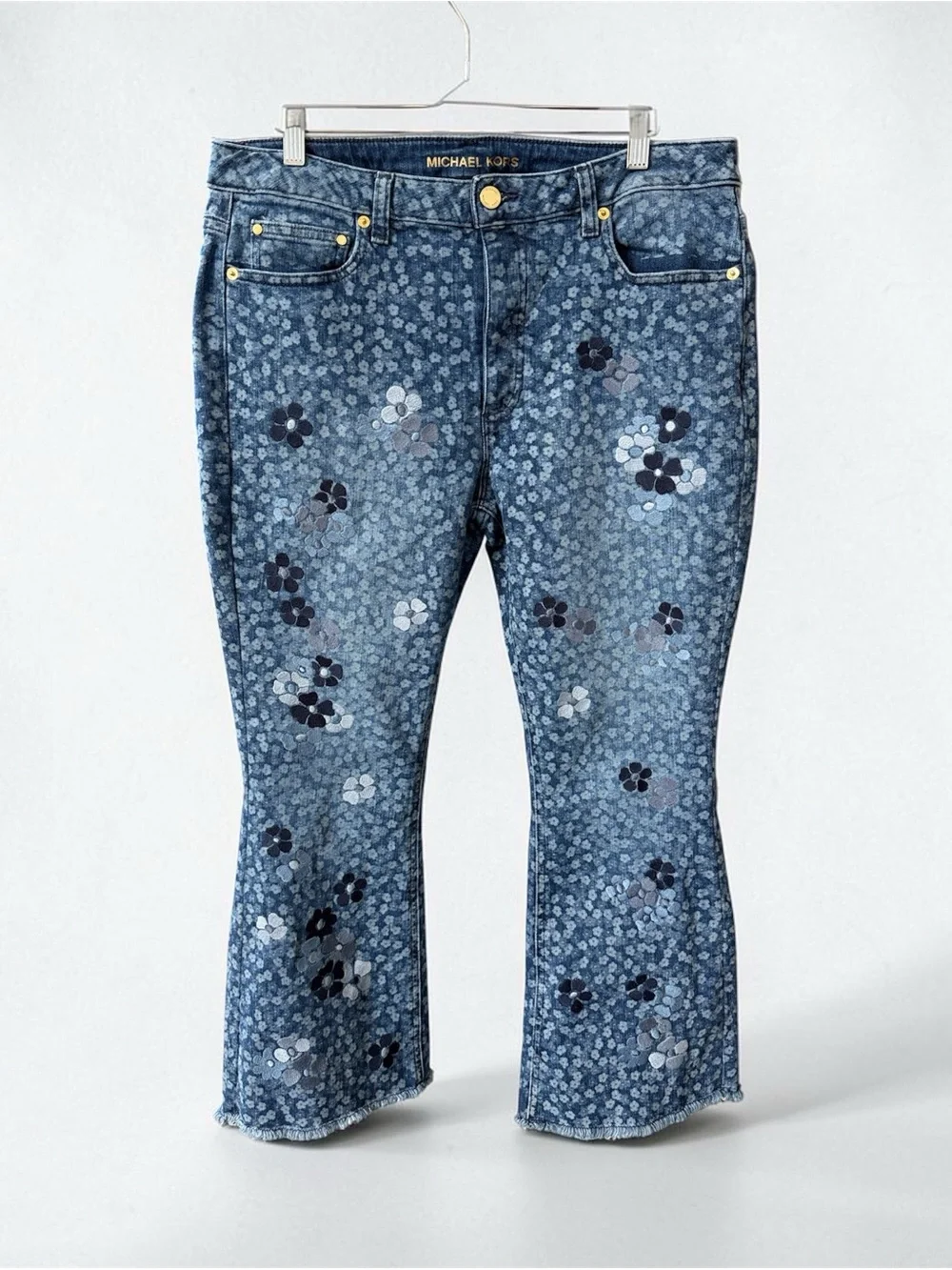 Michael Kors Blue Floral Print Wide-Leg Flare Capri Jeans